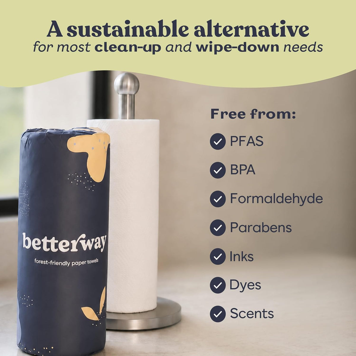 Betterway Bamboo Paper Towels - 6 Rolls, 2 Ply - Plastic Free, Disposable Kitchen Paper Towels - Select Size, Tree Free, Compostable, Strong & Absorbent, No Dyes - PFAS Free
