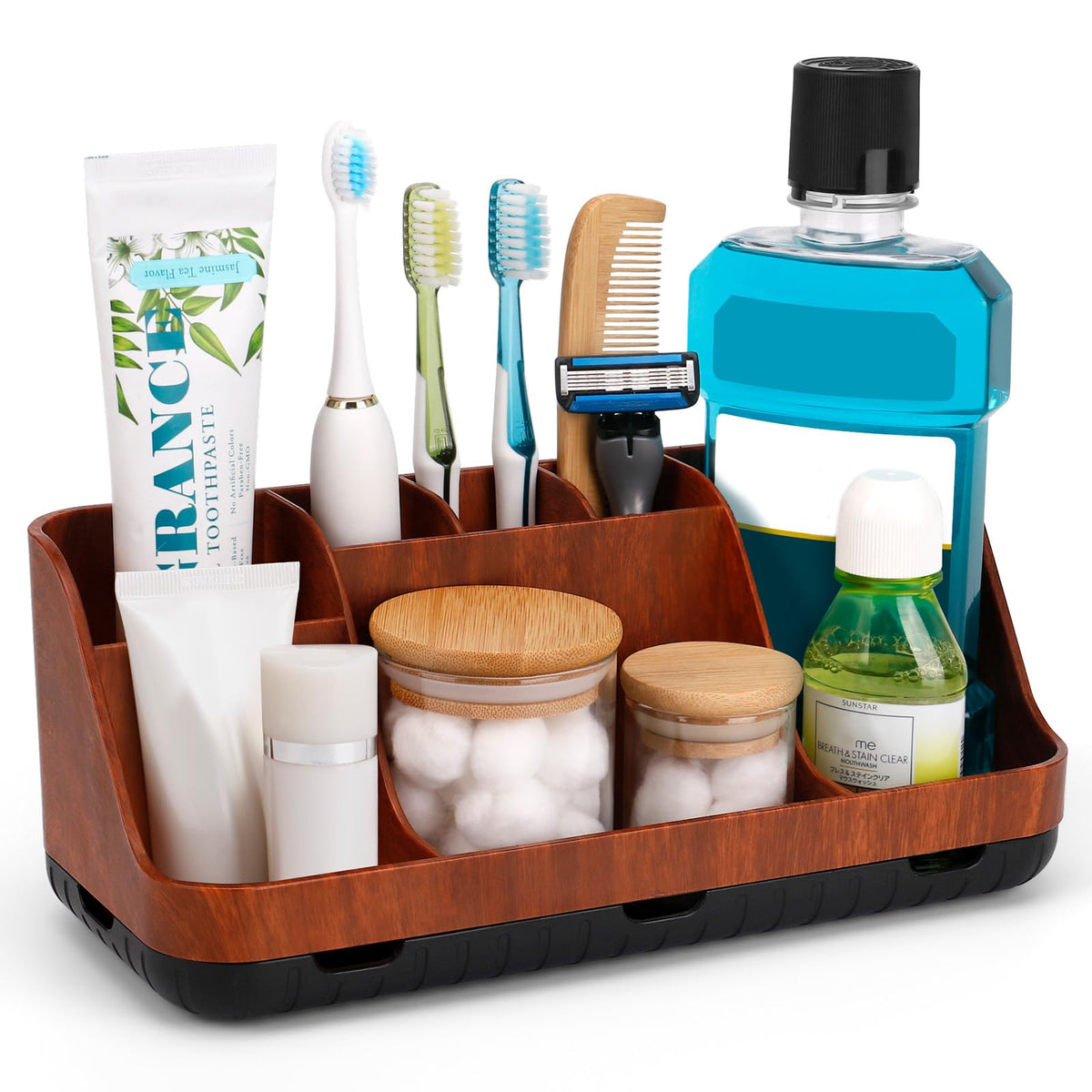 GFWARE Bathroom Toothbrush Holder Set with 2 Pack Qtip Holder Dispenser - 7 Slots Kids Bathroom Accessory Sets with Drainage, Q Tip Holder for Bathroom Sink Counter Accessories Set