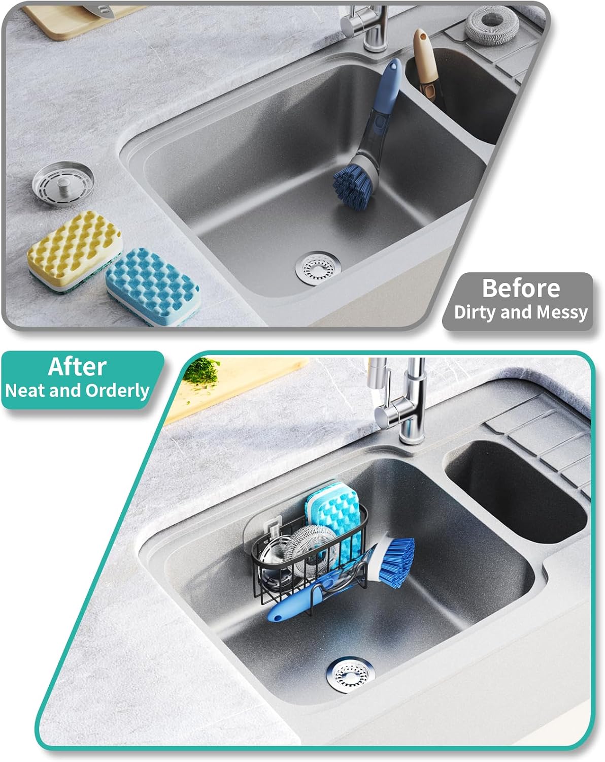 HapiRm Multifunctional Sponge Holder with Unique M-Shaped, 2 Installation Methods Kitchen Sink Caddy Organizer, Rustproof Stainless Steel Kitchen Organizers and Storage Essentials - Black