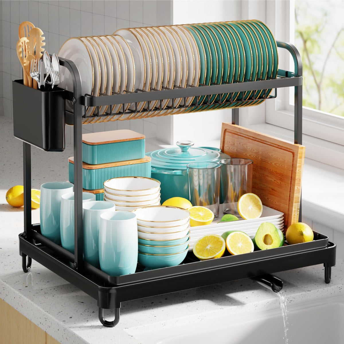 Sakugi 2-Tier Dish Drying Rack - Stainless Steel Dish Rack with Cutlery & Utensil Holders for Kitchen Counter, Sink Organization and Storage for Small Family, 15" W x 11.4" L x 15" H, Black