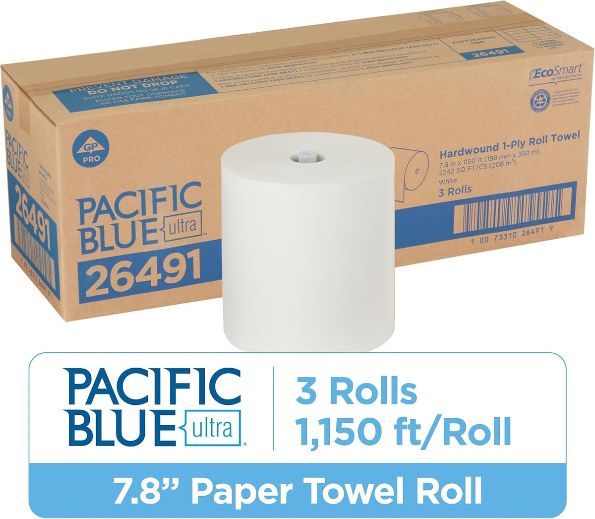 Georgia-Pacific, Pacific Blue Ultra 8'' High-Capacity Paper Towel Rolls, White, 26491, 1,150 Linear Feet Per Roll, 3 Rolls Per Case