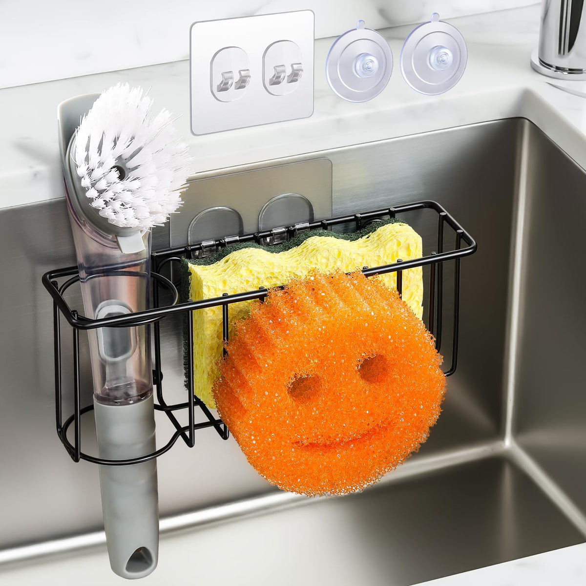 3-In-1 Sponge Holder for Kitchen Sink with Suction Cups & Adhesive Hook , In-sink Sponge Holder, Wall Hanging Sink Caddy Organizer Rack - Sponge, Dish Cloth, Brush, Scrubber - 304 Stainless Steel