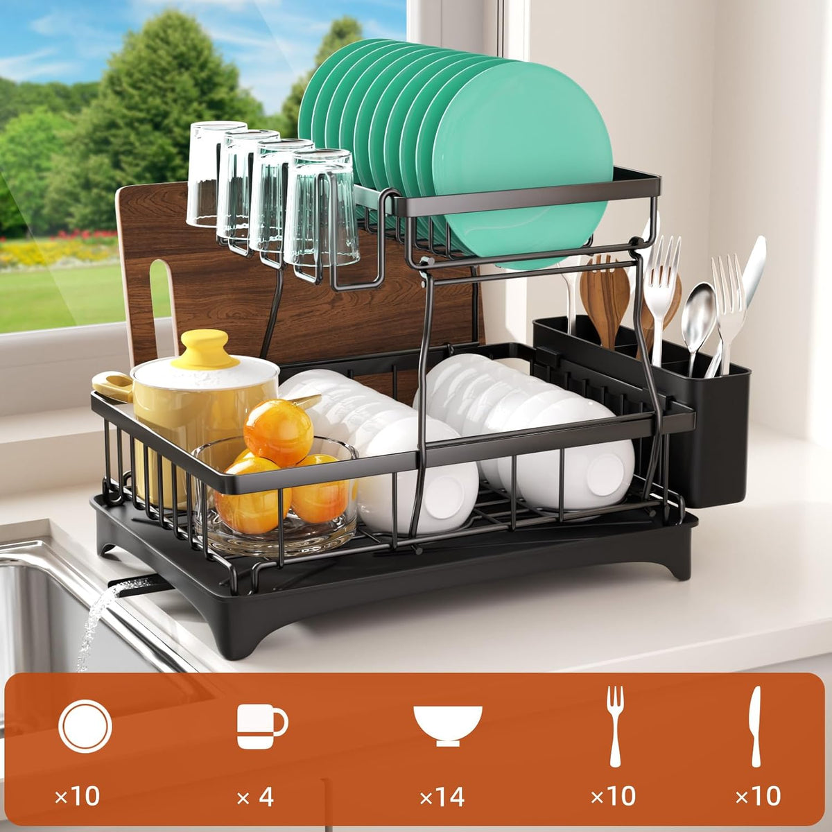 Godboat 2-Tier Dish Drying Rack - Dish Rack with Auto Drain-to-Sink & Mat