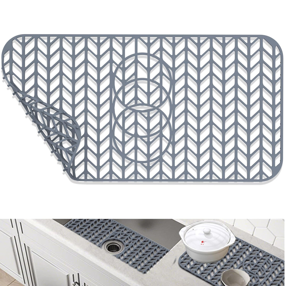 GUUKIN Sink Protectors for Kitchen Sink, 26''x 14'' Silicone Kitchen Sink Mat Grid for Bottom of Farmhouse Stainless Steel Porcelain Sink with Rear Drain (Grey)