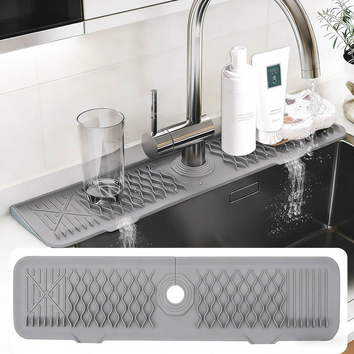 Kitchen Sink Splash Guard Gen2-30" x 6'' Silicone Sink Mat Splash Guard fit for Countertop, Bathroom,Farmhouse,RV by EBIGIC (Black)
