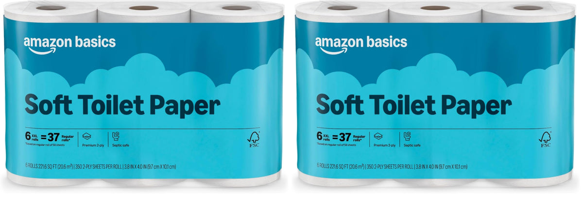 Amazon Basics 2-Ply Soft Toilet Paper, 30 Rolls (5 Packs of 6), 350 Sheets per Roll, Septic Safe, Equivalent to 185 Regular Rolls