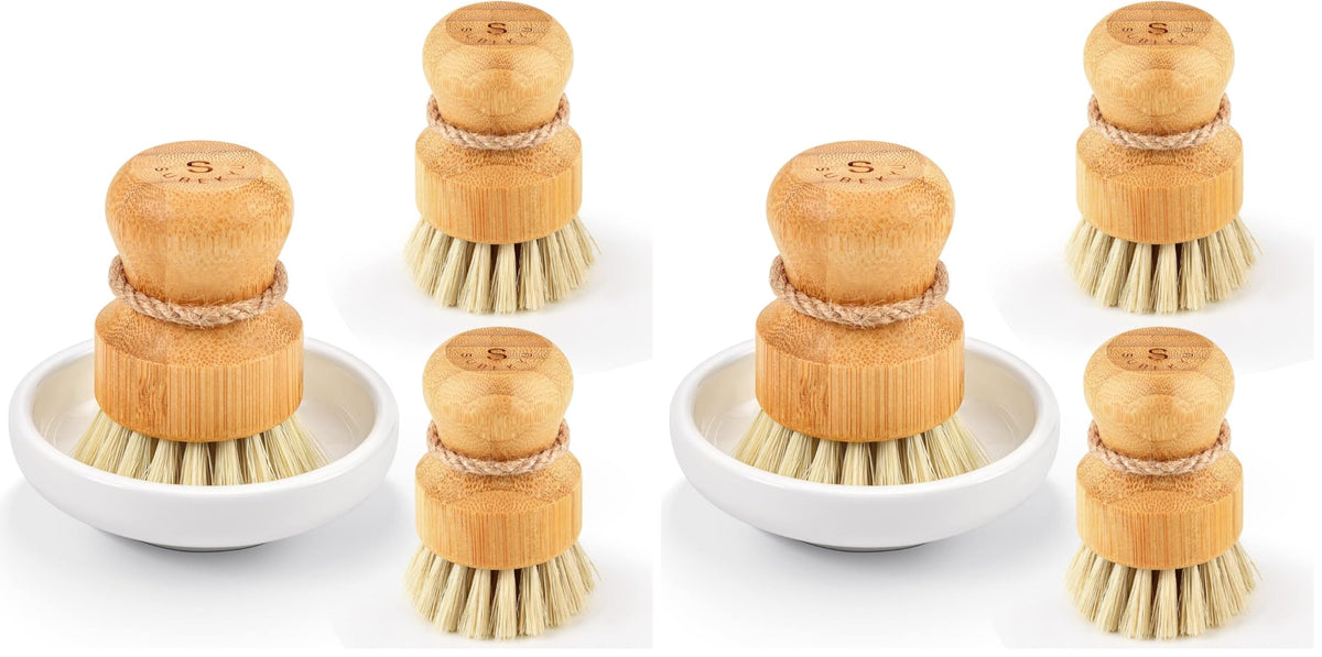 SUBEKYU Bamboo Dish Scrub Brush,Produce Brush,3 Pack with Ceramic Holder