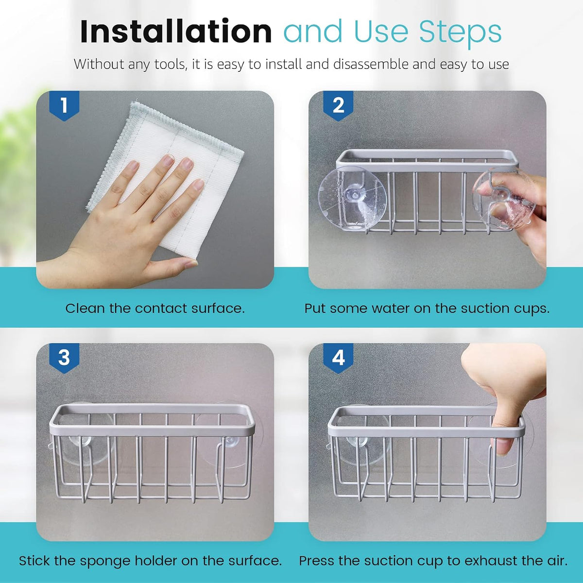 HLOOL Sponge Holder for Kitchen Sink, Kitchen Sink Caddy -Mat Silver