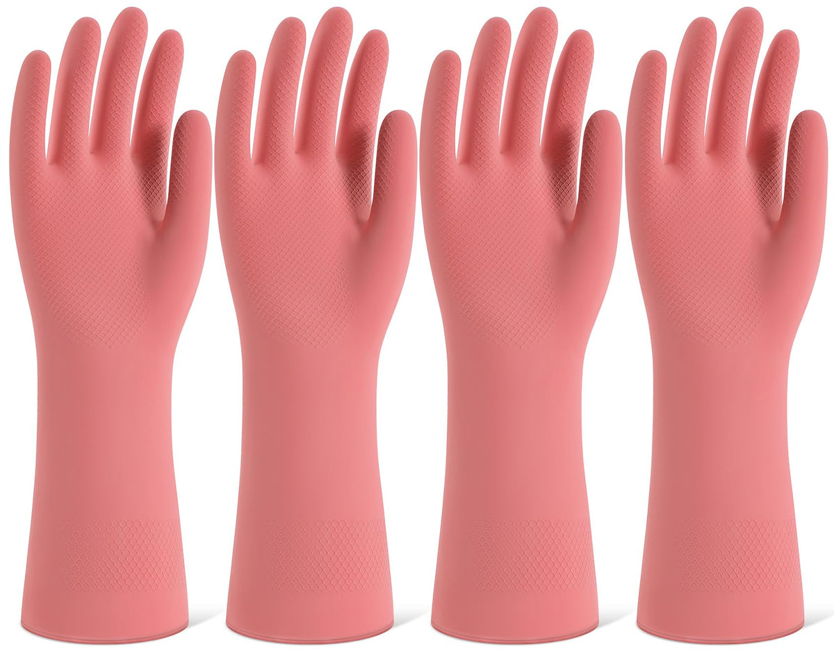 Rubber Cleaning Gloves for Dishwashing, 4 Pairs Reusable Kitchen Gloves for Washing Dishes and Household Cleaning, Colorful Dish Gloves with Flocked Lining and Non-Slip Grip, Pefect for Woman Men - M