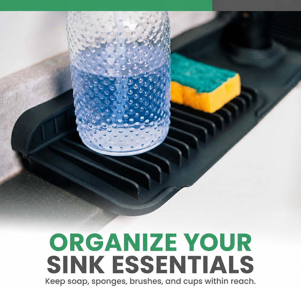 No More Wet Counters - Kitchen Sink Faucet Mat, 24” Silicone, Black