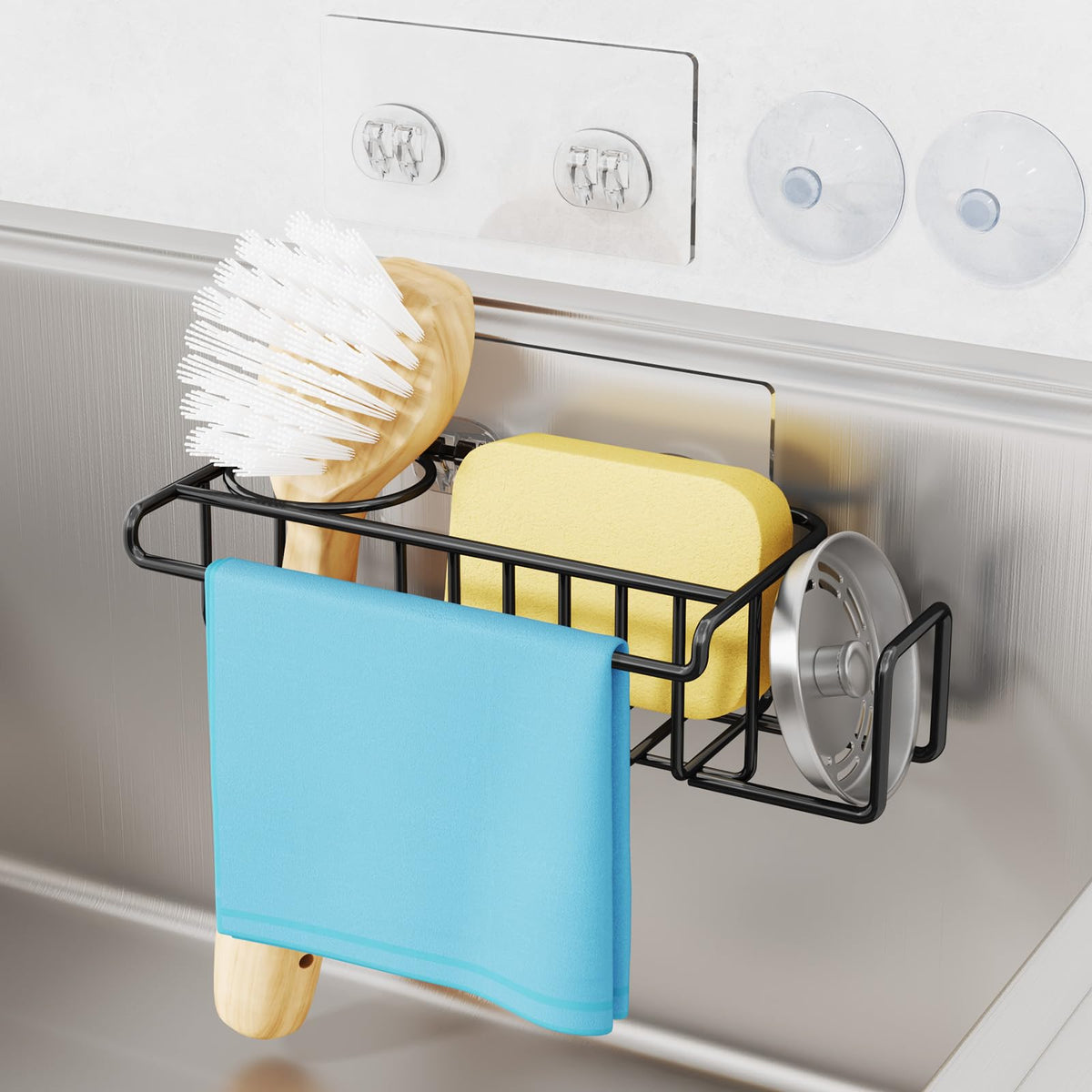 HapiRm 4 in 1 Sink Caddy Sponge Holder, SUS304 Stainless Steel Kitchen Brush Holder and Dish Cloth Hanger, Kitchen Organizers and Storage Essentials - Silver