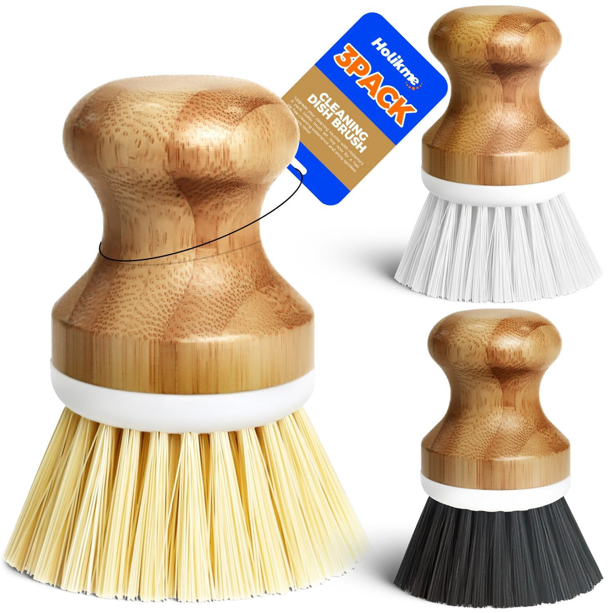 Holikme 3 Pack Dish Brush with Bamboo Handle Cleaning Brush,White Black