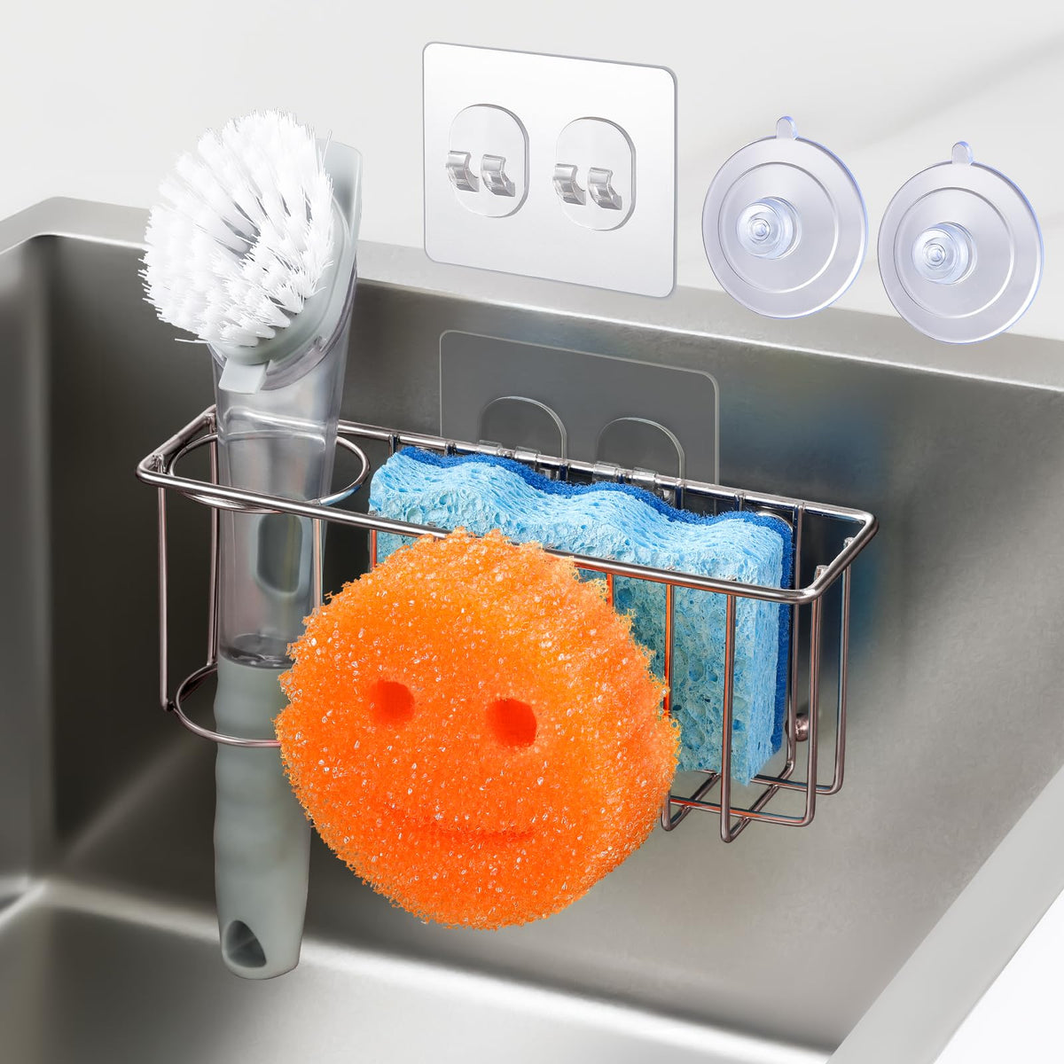 3-In-1 Sponge Holder for Kitchen Sink with Suction Cups & Adhesive Hook , In-sink Sponge Holder, Wall Hanging Sink Caddy Organizer Rack - Sponge, Dish Cloth, Brush, Scrubber - 304 Stainless Steel