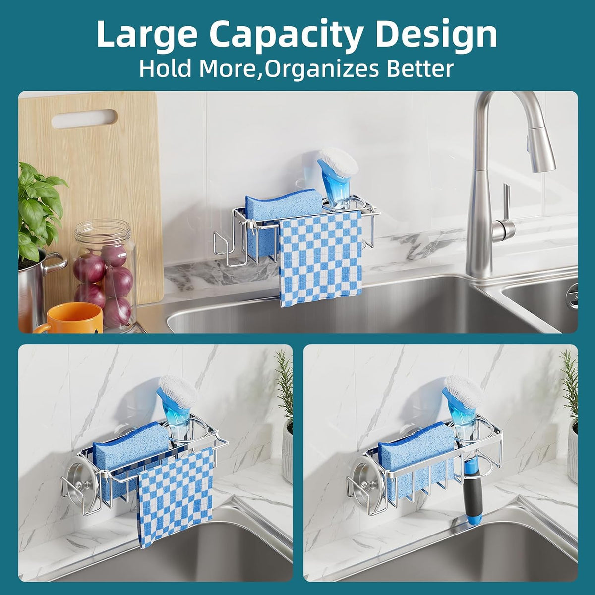 TAILI 4-in-1 Sink Caddy for Kitchen Sink with Strong Suction Cup-Silver