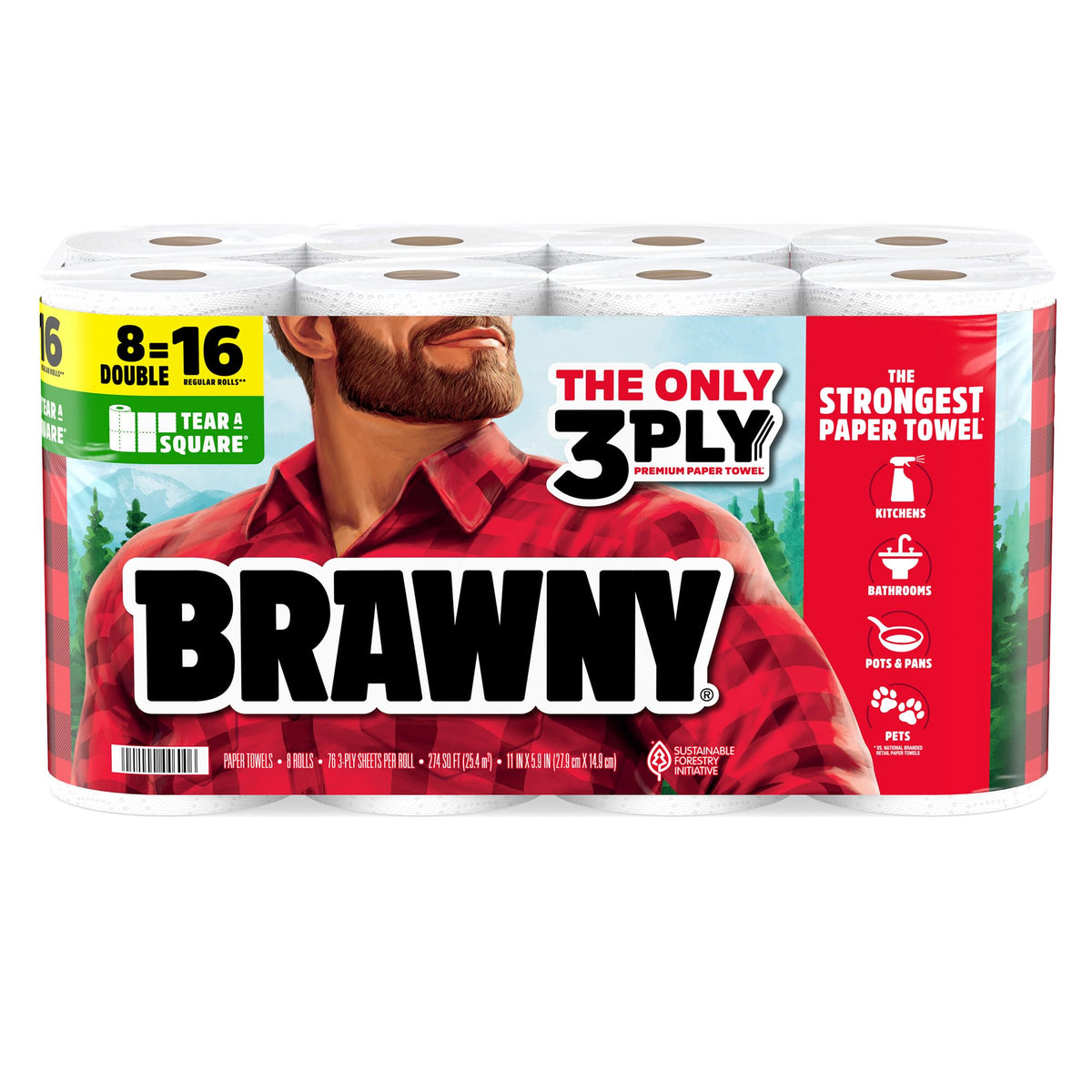 Brawny Tear-A-Square 3-Ply Paper Towels, 12 XL Family Rolls = 30 Regular