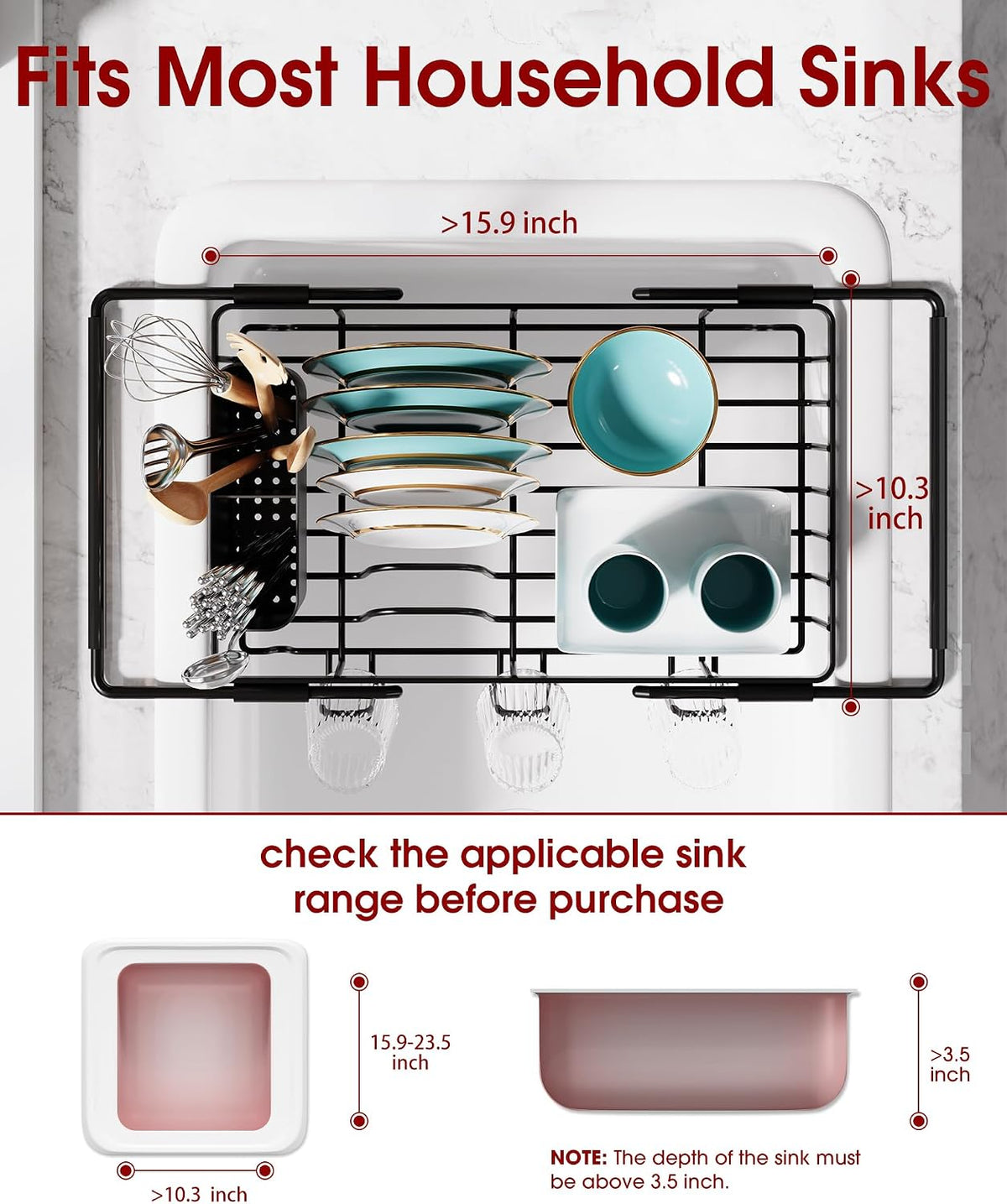 Sakugi Dish Drying Rack in Sink - Expandable Stainless Steel Dish Rack Over the Sink, Kitchen Sink Drain Strainer with Cutlery Holder & Cup Holders, 15.4 x 9.8 x 3.0 Inch, Black