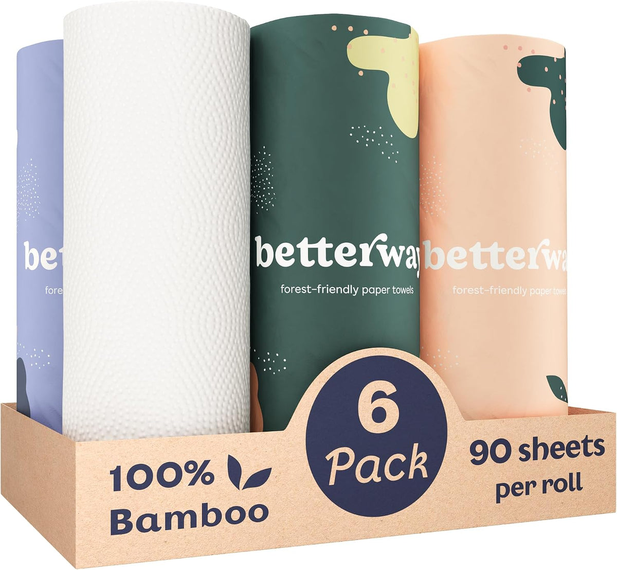 Betterway Bamboo Paper Towels - 6 Rolls, 2 Ply - Plastic Free, Disposable Kitchen Paper Towels - Select Size, Tree Free, Compostable, Strong & Absorbent, No Dyes - PFAS Free