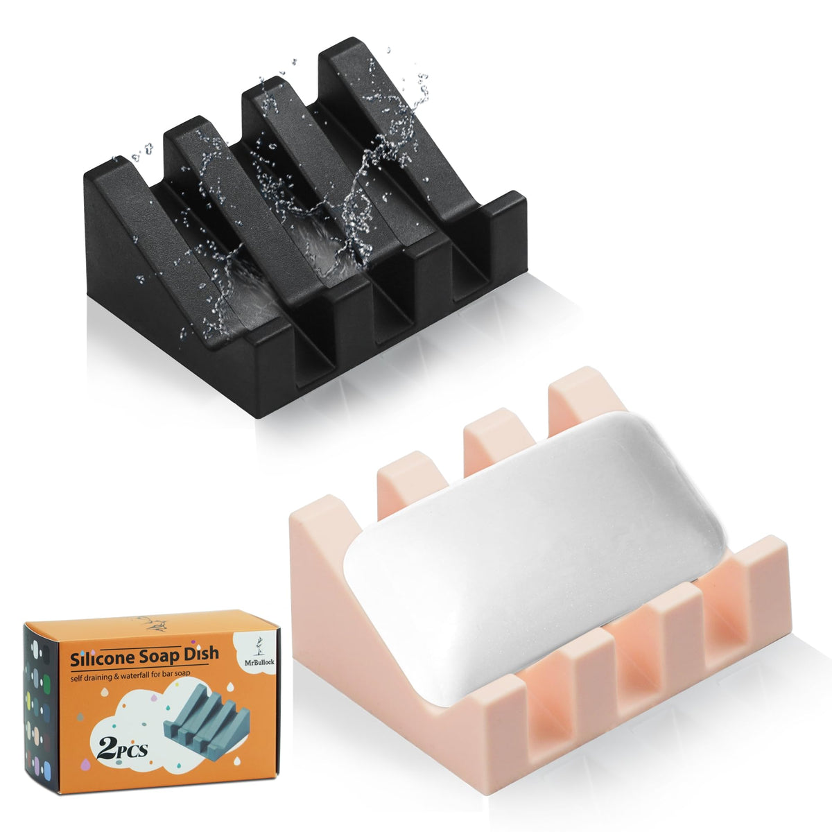 Self Draining Silicone Soap Dish Holder Waterfall Tray, 2 Pack Black