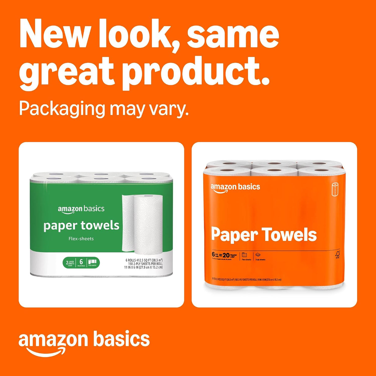 Amazon Basics 2-Ply Flex-Sheets Paper Towels, 12 Basics Rolls = 40 Regular Rolls, Everyday Value with 150 Sheets per Roll, Packaging May Vary