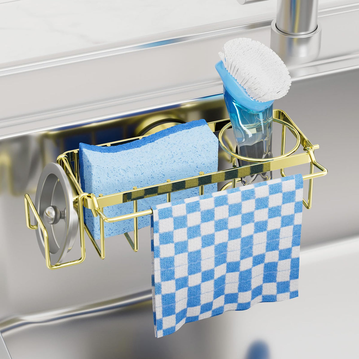 TAILI 4-in-1 Sink Caddy for Kitchen Sink with Strong Suction Cup-Silver