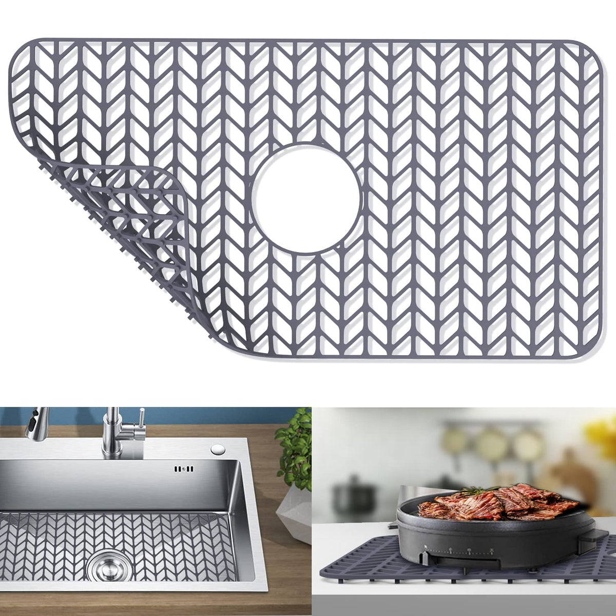 GUUKIN Sink Protectors for Kitchen Sink, 26''x 14'' Silicone Kitchen Sink Mat Grid for Bottom of Farmhouse Stainless Steel Porcelain Sink with Rear Drain (Grey)