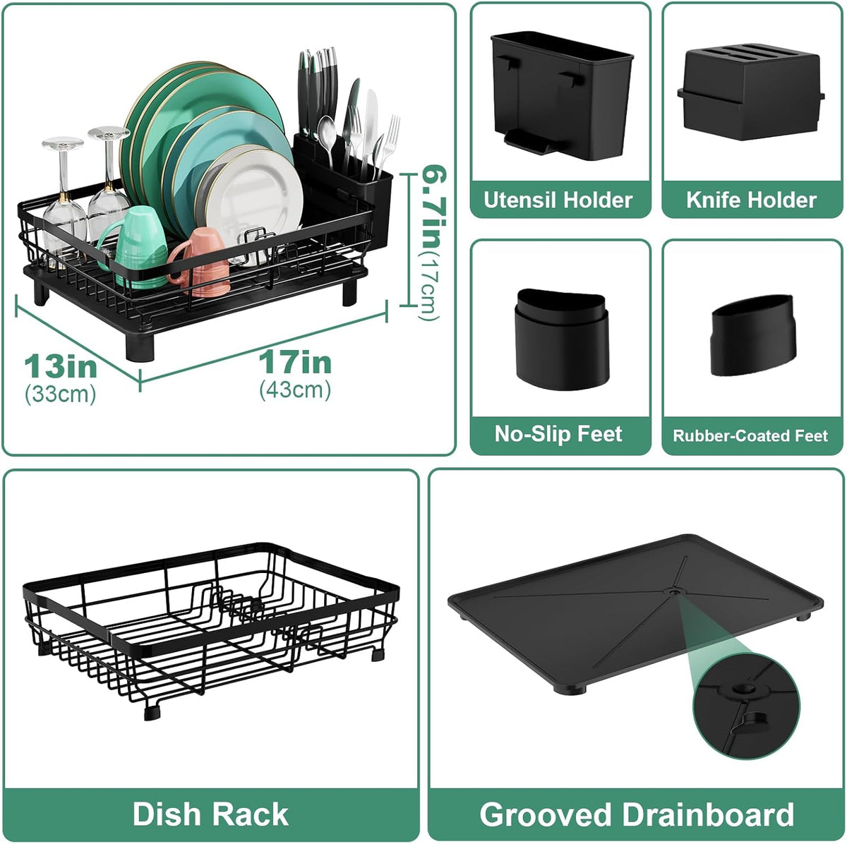 MOUKABAL Dish Drying Rack with Drainboard for Kitchen Counter, Black