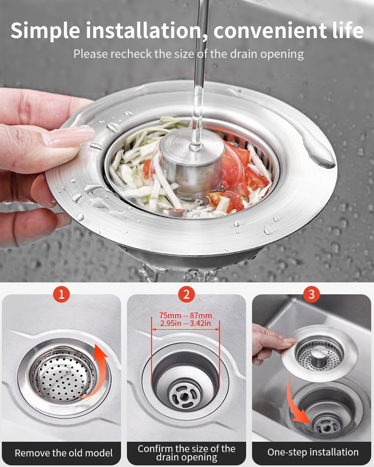3 in 1 Kitchen Sink Drain Strainer [304 Stainless Steel Pop Up] Anti-Clogging Kitchen Sink Drain Stopper Stainless Steel Efficiently Drainage Odor Filter Sink Plug for Us Standard 3-1/2 Inch