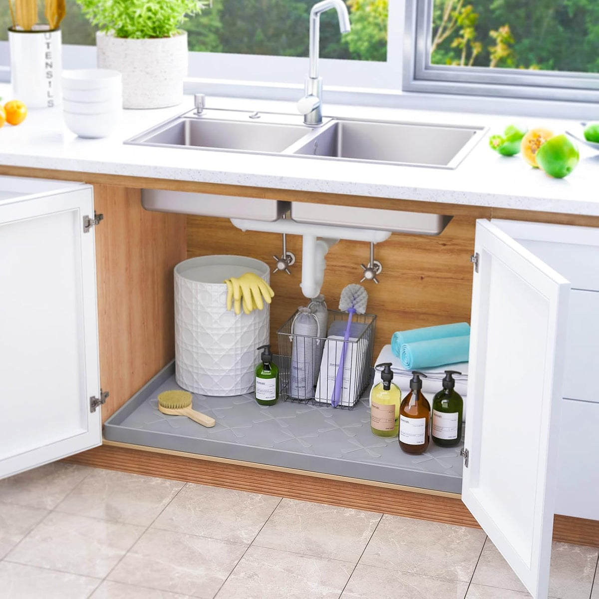 SIKADEER Waterproof Under Sink Mat 34" x 22", Silicone Mat Kitchen liner