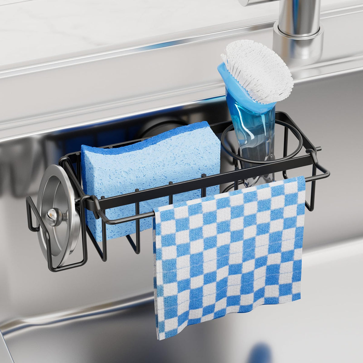 TAILI 4-in-1 Sink Caddy for Kitchen Sink with Strong Suction Cup-Silver