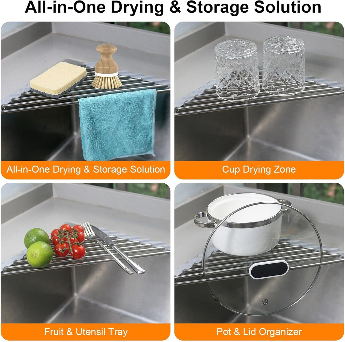 Corner Sink Caddy Triangle Dish Drying Rack for Sink Corner, Sponge Holder Roll Up Dish Drying Rack Over The Sink, Stainless Steel Kitchen Sink Organizer Drainer Mat Sponge Caddy for Counter Storage