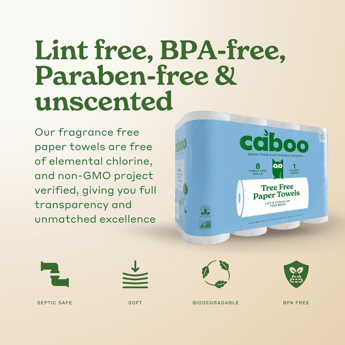 Caboo Tree Free Paper Towels, Sustainable, Toxin Free, 8 Family Size Rolls