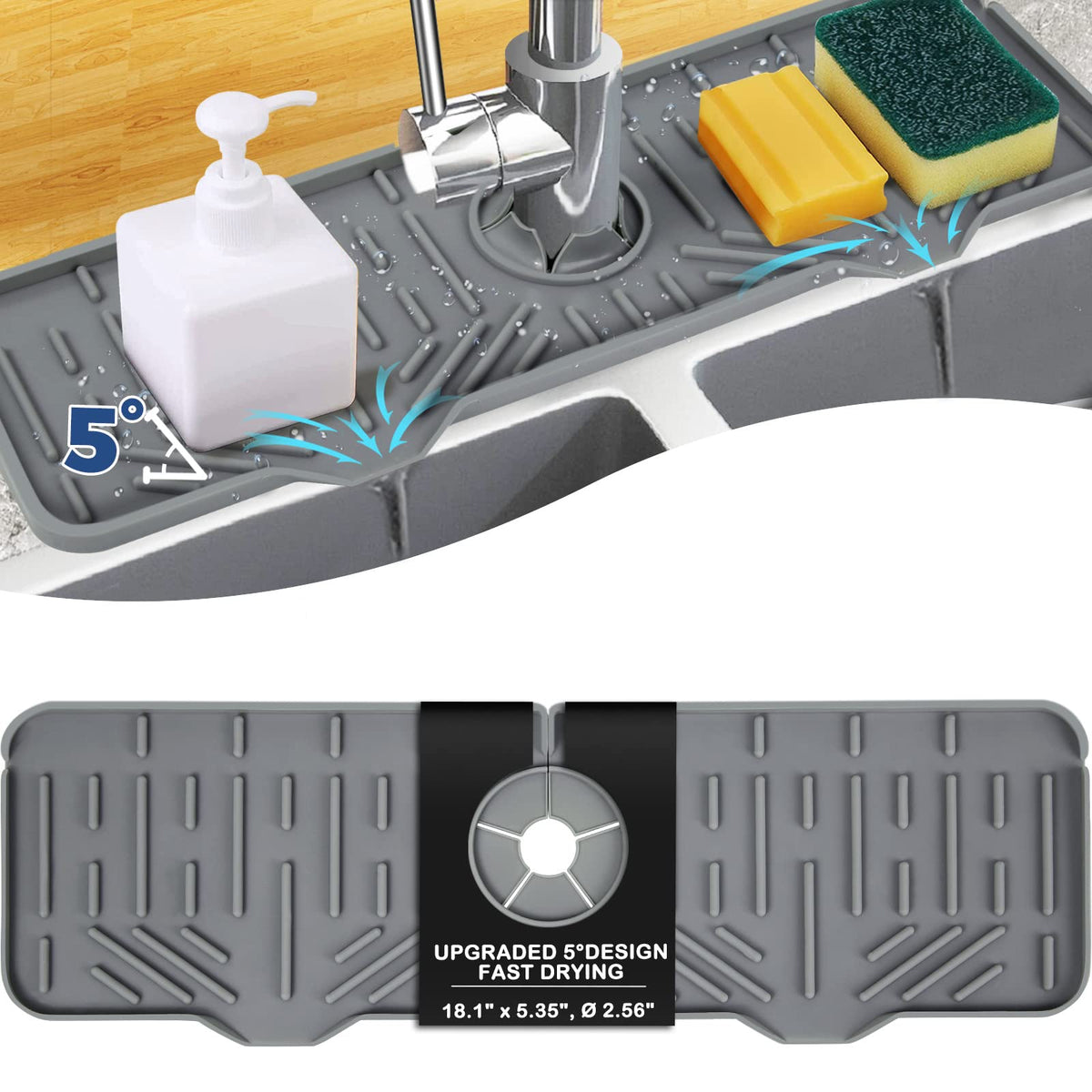 BFONS Silicone Faucet Handle Drip Catcher Drying Tray Mat Dish Soap Sponge Holder Accessories Gadgets for Kitchen Counter Bathroom Kitchen Sink Splash Guard -Grey