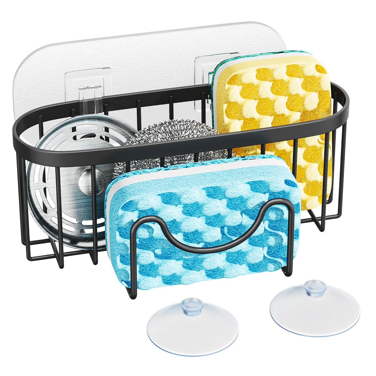 HapiRm Multifunctional Sponge Holder with Unique M-Shaped, 2 Installation Methods Kitchen Sink Caddy Organizer, Rustproof Stainless Steel Kitchen Organizers and Storage Essentials - Black