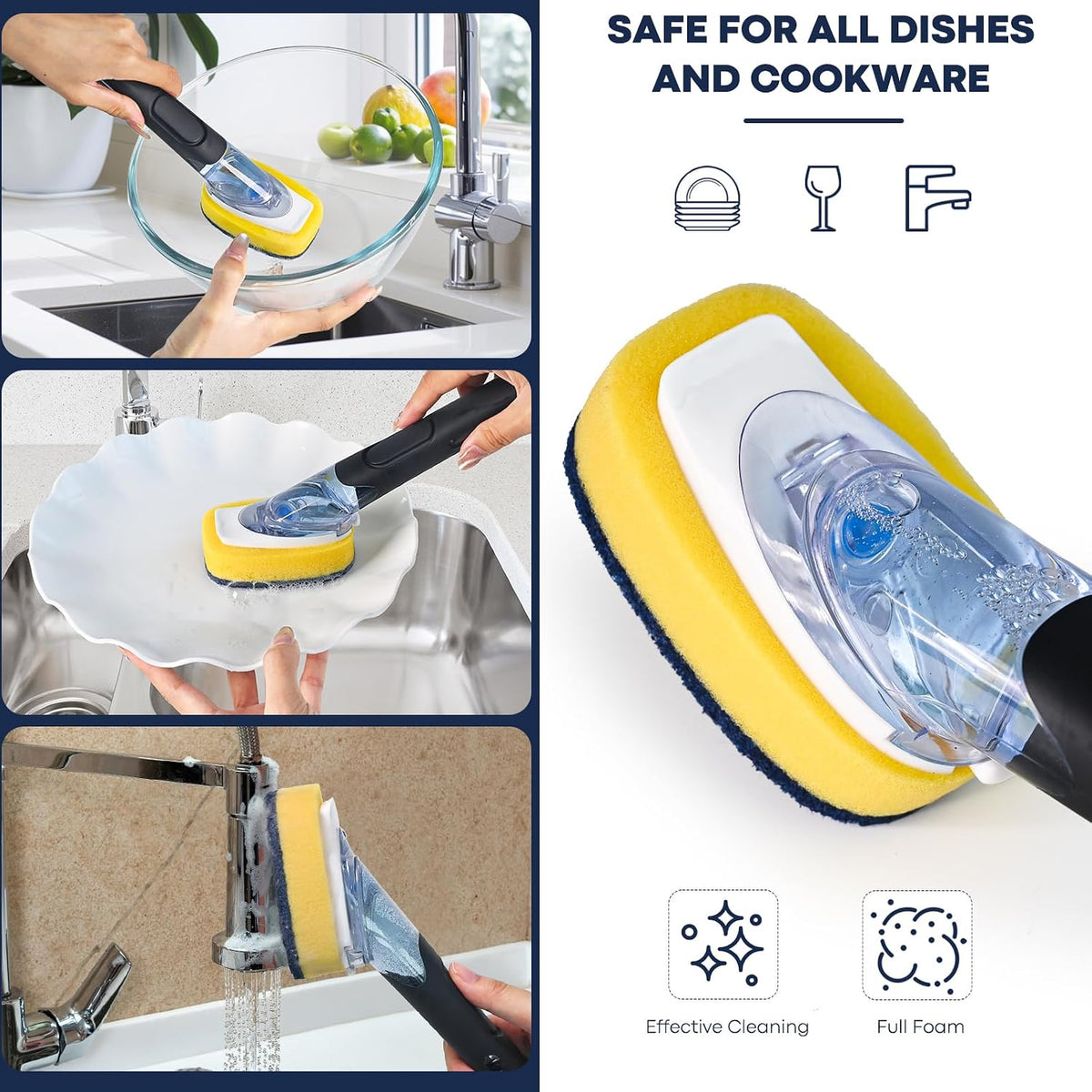 RIMAY Dish Brush with Soap Dispenser, 2 Sponge Refills and Storage Holder
