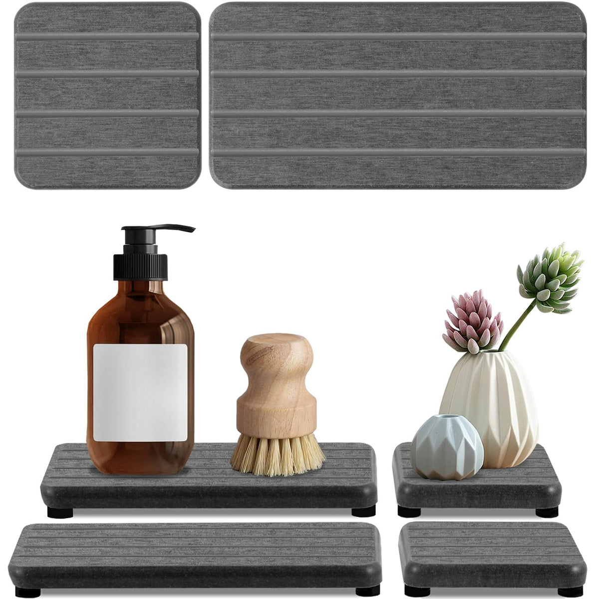 4PCS Stone Drying Tray for Bathroom Sink and Kitchen Counter, Fast Drying Diatomite Stones Soap Trays, Diatomaceous Coaster, Vanity Trays, Water Absorbing Stone Tray for Sink