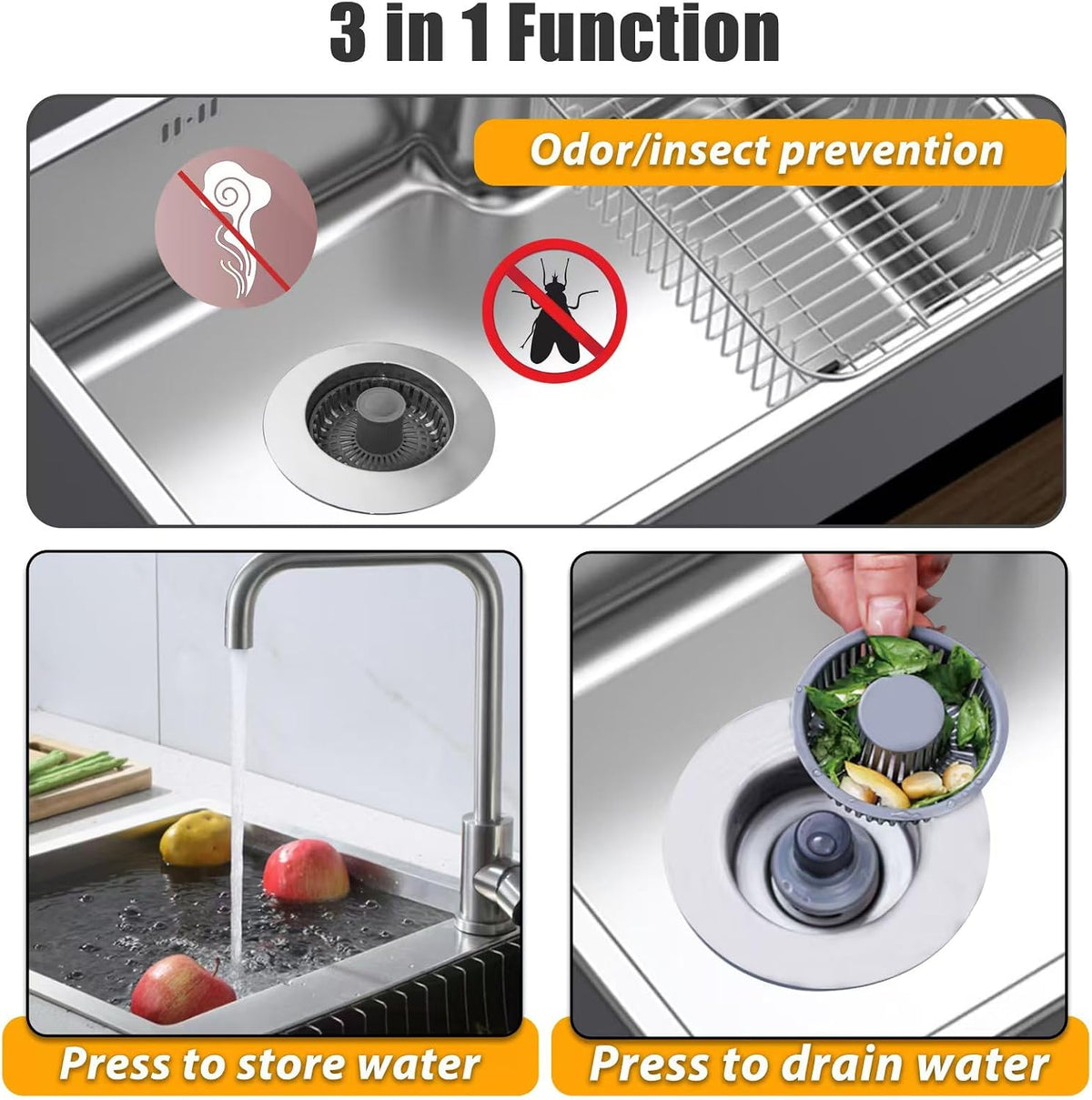 Anlige Kitchen Sink Drain Strainer,3in1 Pop Up Kitchen Sink Stopper, Chrome