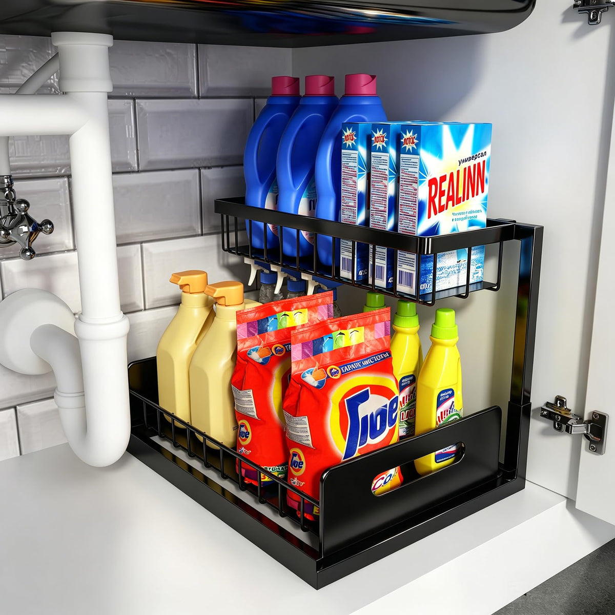REALINN Under Sink Organizer, L-Shaped 2 Tier Pull Out Cabinet Organizer