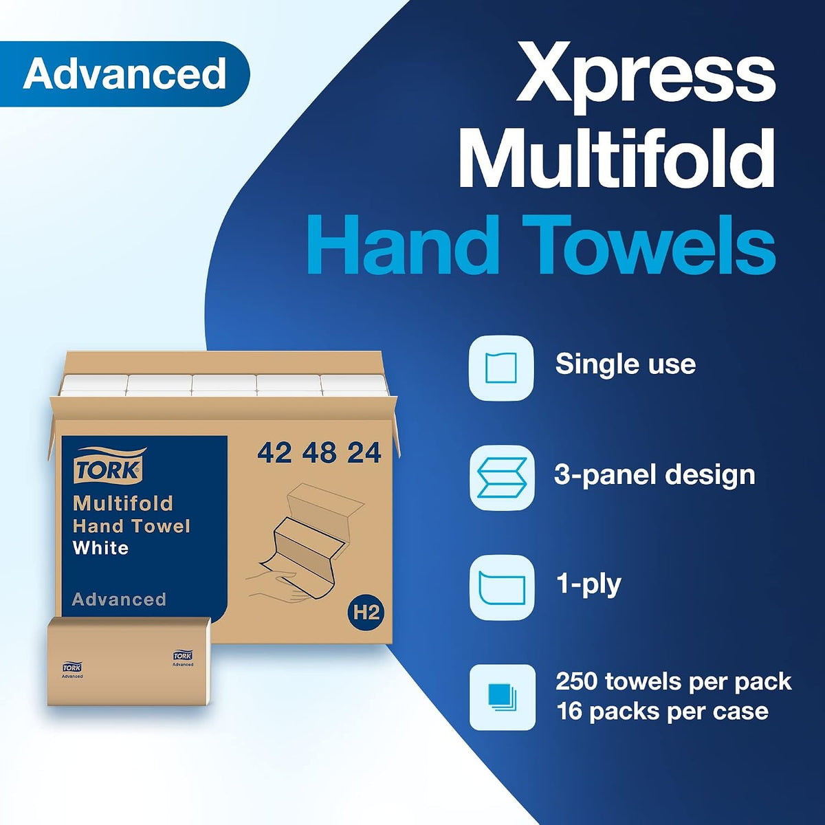 Tork Multifold Hand Towel White, 3-Panel, 250 Towels per Pack, 16 Packs, Fits H2 Towel Dispensers