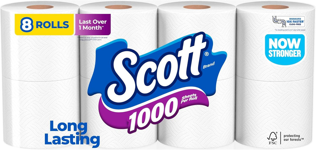 Scott 1000 Toilet Paper, 8 Rolls, Septic-Safe, 1-Ply Toilet Tissue