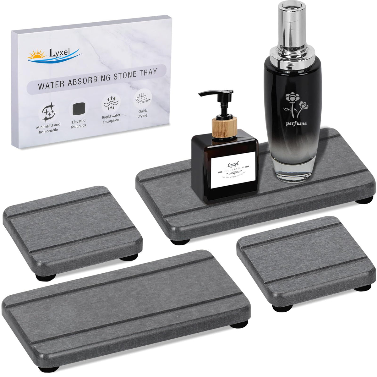 4PCS Stone Drying Tray for Bathroom Sink and Kitchen Counter, Fast Drying Diatomite Stones Soap Trays, Diatomaceous Coaster, Vanity Trays, Water Absorbing Stone Tray for Sink