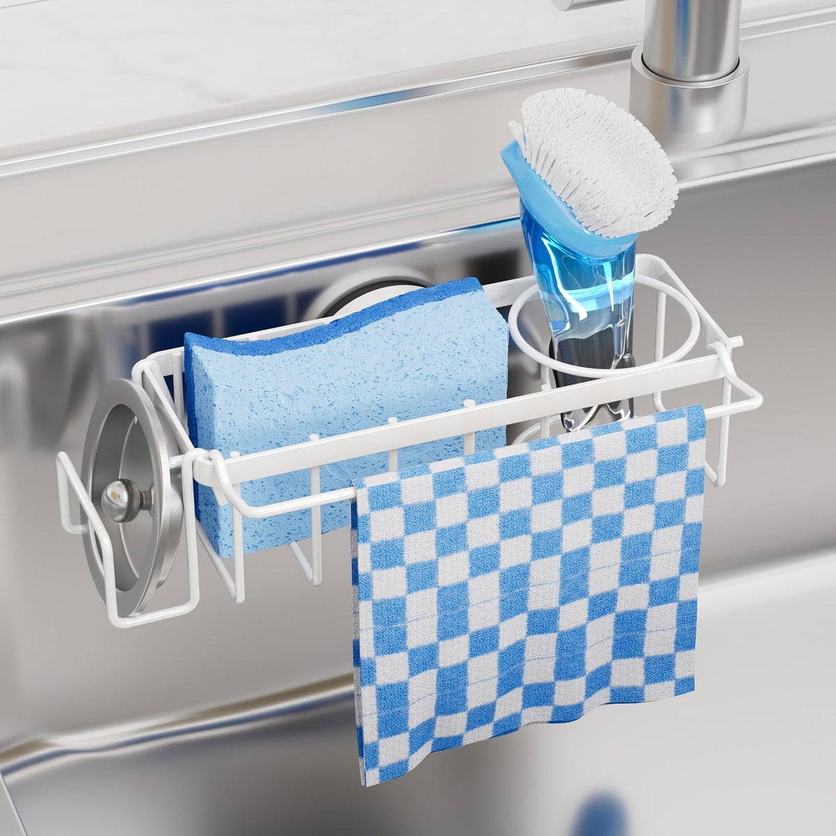 TAILI 4-in-1 Sink Caddy for Kitchen Sink with Strong Suction Cup-Silver