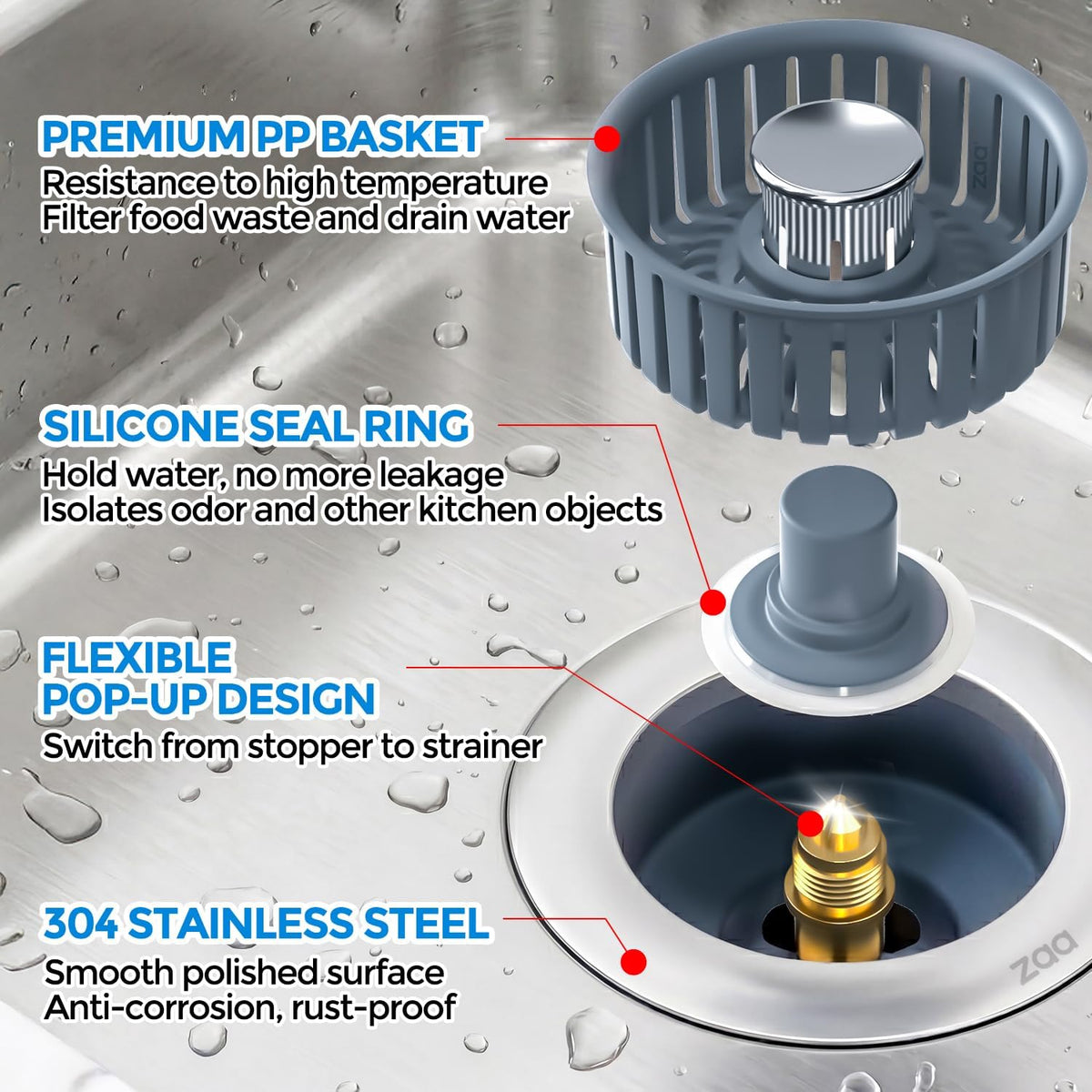 zaa 3 in 1 Kitchen Sink Drain Strainer Stopper Removable Basket Pop-Up