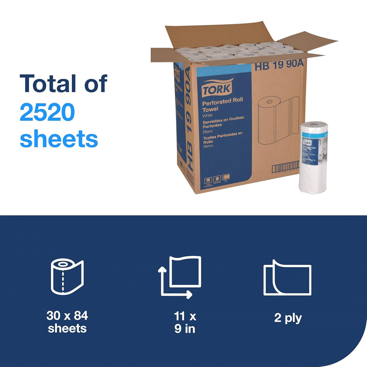 Tork HB1990A Perforated Paper Roll Towel, White, 30 Rolls, 84 per Roll