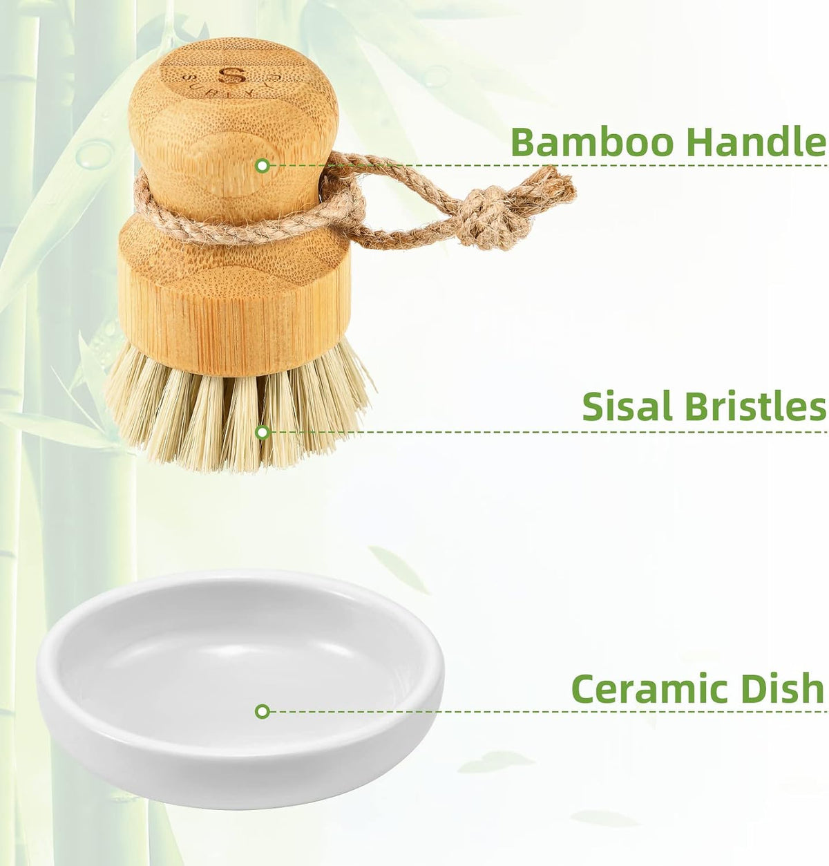 SUBEKYU Bamboo Dish Scrub Brush,Produce Brush,3 Pack with Ceramic Holder