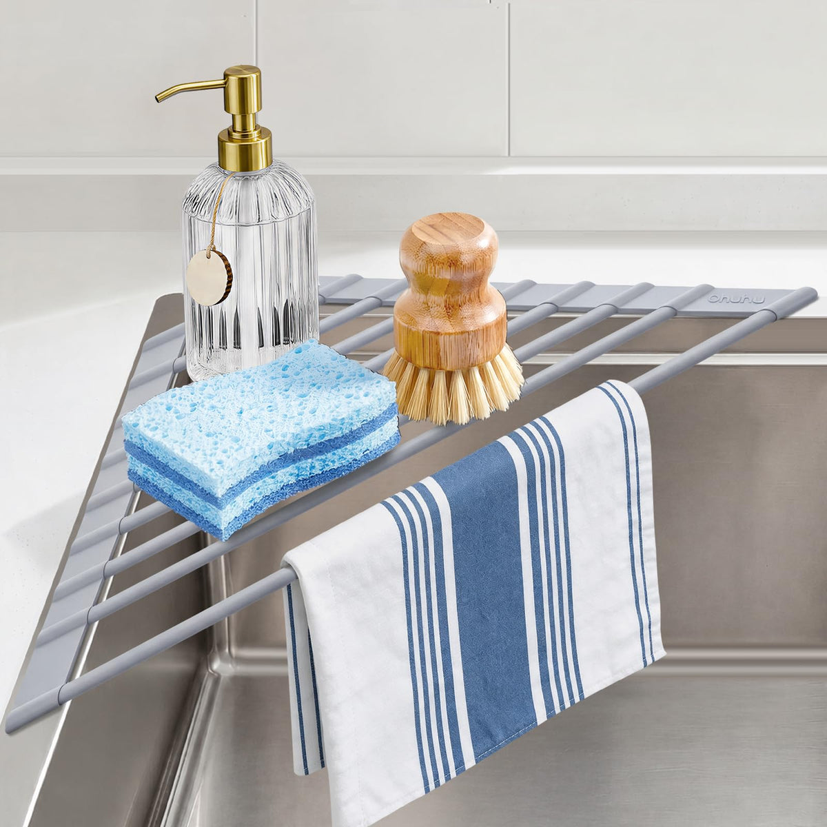 Ohuhu Corner Sink Caddy, Sponge Holder for Kitchen Sink Organizer - Silicone Wrapped Steel Anti Slip Rust Triangle Over the Sink Roll-UP Dish Drying Rack for Sink Corner Kitchen Sink Accessories