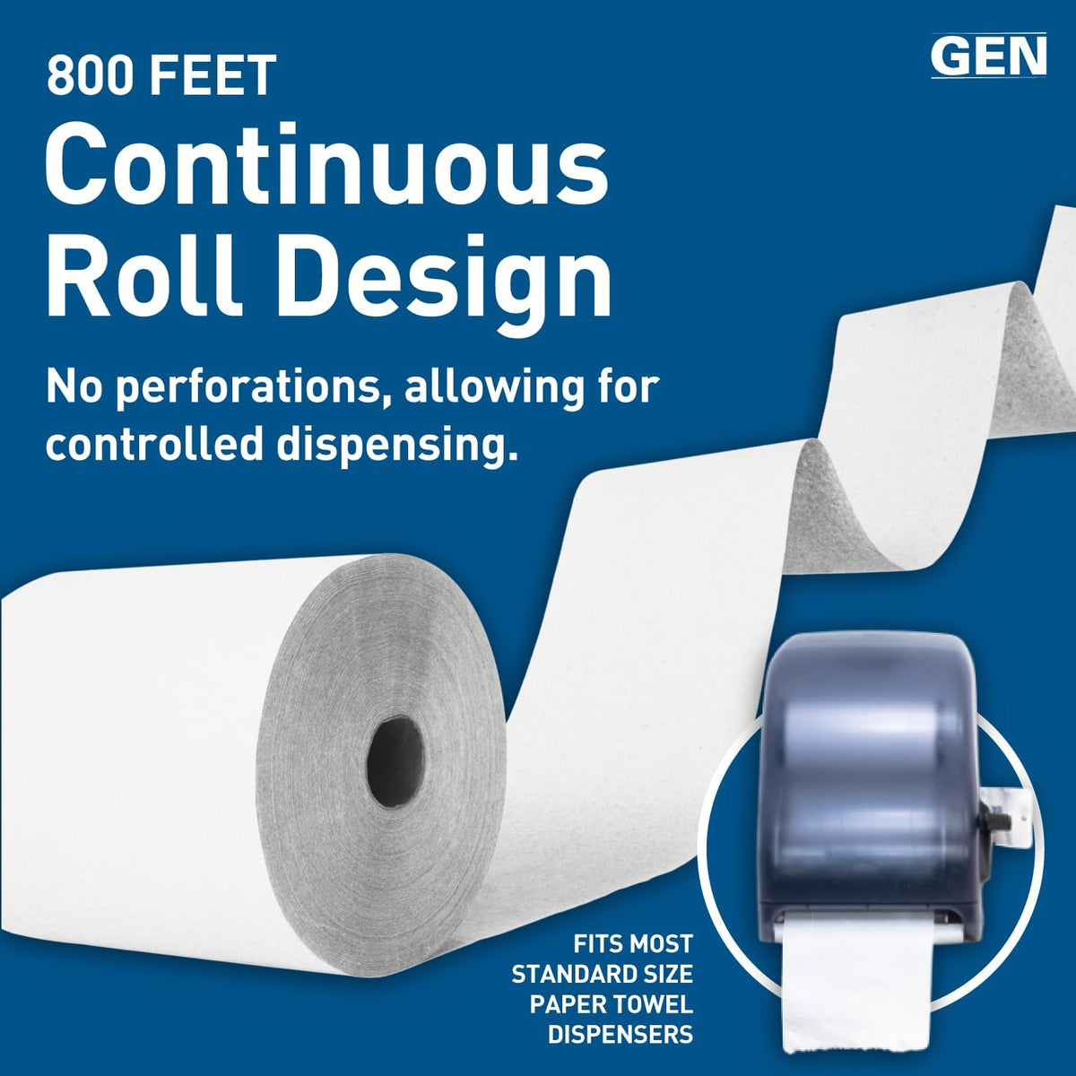 GEN Hardwound Roll Towels - White, 8-Inch x 800 ft, 6 Rolls/Carton