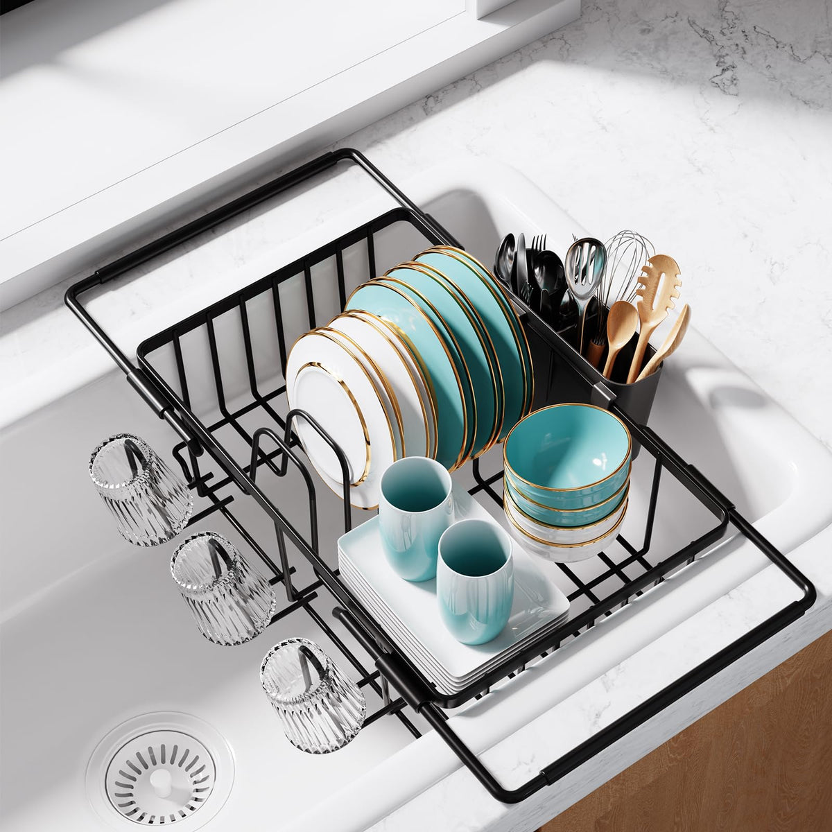 Sakugi Dish Drying Rack in Sink - Expandable Stainless Steel Dish Rack Over the Sink, Kitchen Sink Drain Strainer with Cutlery Holder & Cup Holders, 15.4 x 9.8 x 3.0 Inch, Black