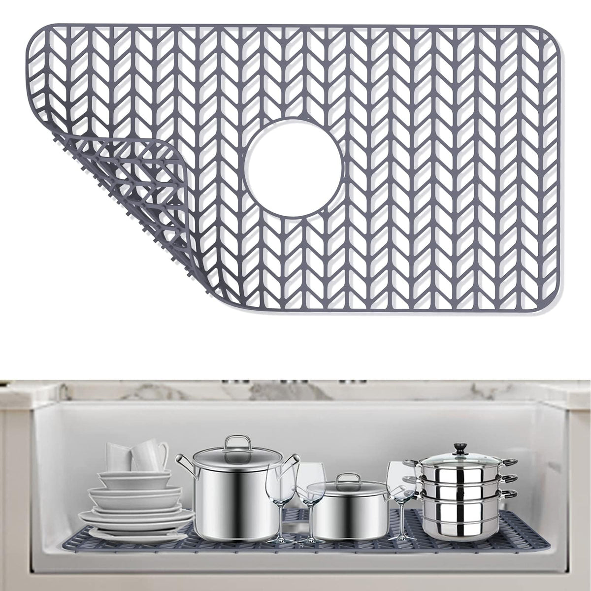 AWOKE Silicone Sink Protectors for Kitchen Sink, 12" x 11" Mat for bottom of sink, Center Drain Hole, Protect from Stains, Scratches, Dishwasher Safe Grid for Kitchen (2 Pack, Gray)
