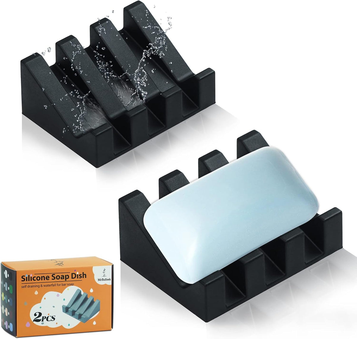 Self Draining Silicone Soap Dish Holder Waterfall Tray, 2 Pack Black