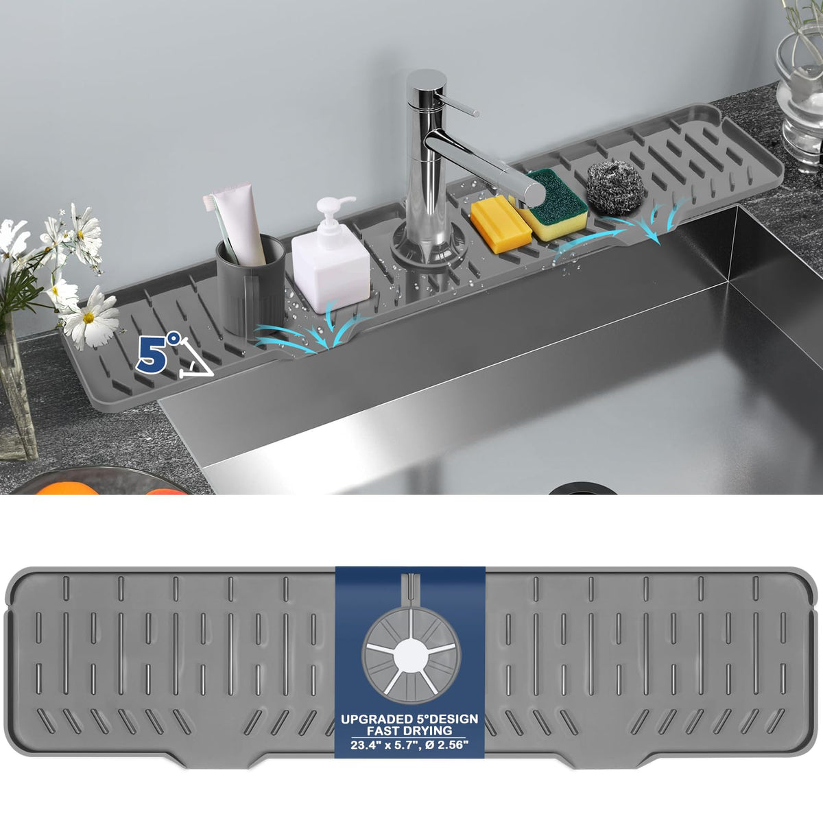 BFONS Silicone Faucet Handle Drip Catcher Drying Tray Mat Dish Soap Sponge Holder Accessories Gadgets for Kitchen Counter Bathroom Kitchen Sink Splash Guard -Grey
